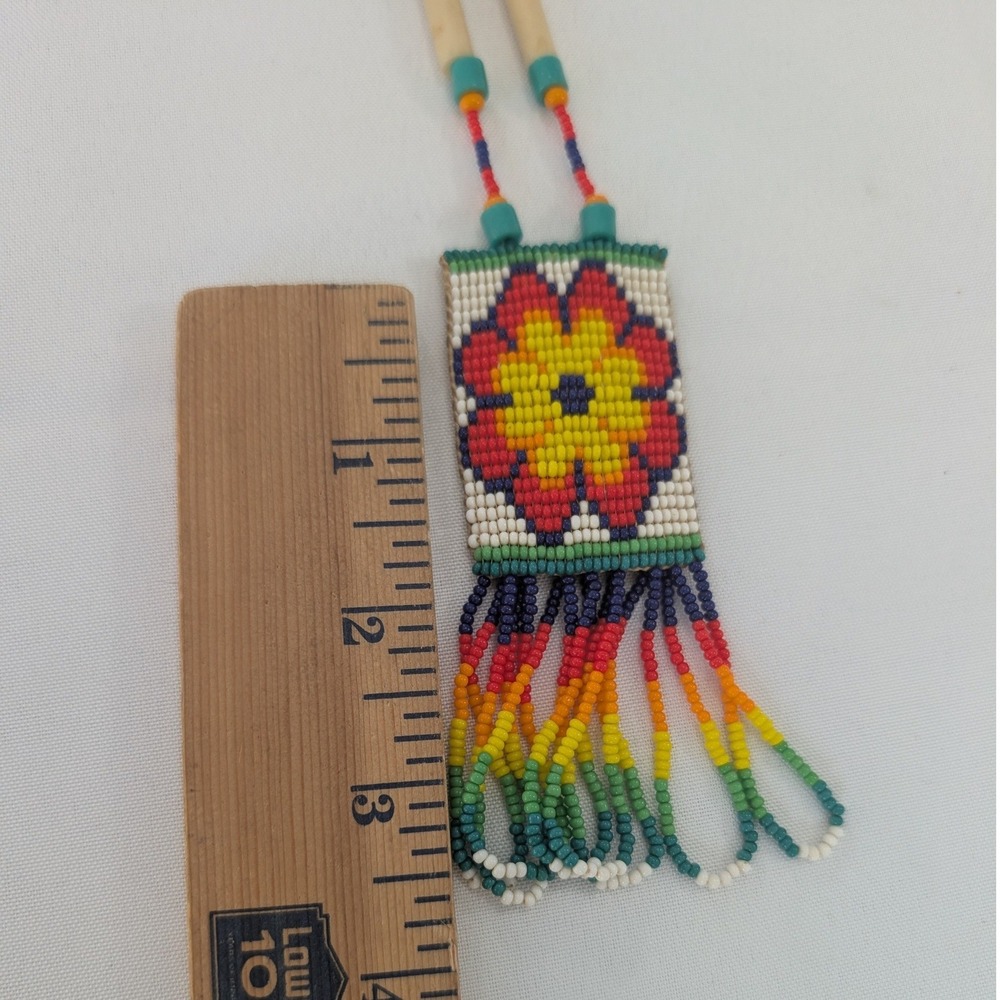 Vintage Beaded Floral Medallion Necklace Rainbow Seed Bead Boho Southwestern - Picture 4 of 5